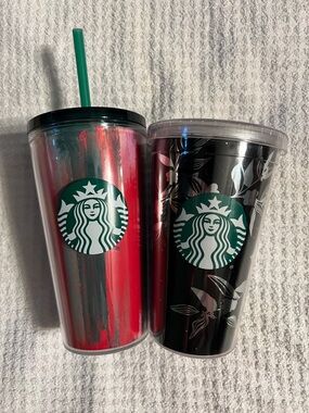 Starbucks Red & Black Reusable 16oz Cold Cups with Green Logo